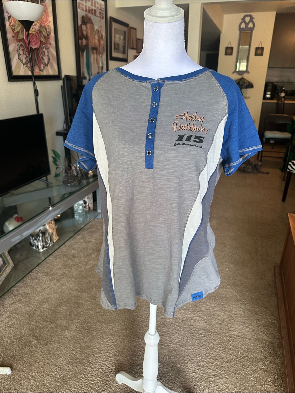 Harley-Davidson Gray and Blue Short-Sleeve Henley Tee